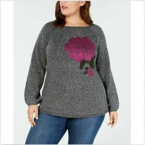Style & Co Floral Pullover Sweater Gray Purple Black Soft #8065